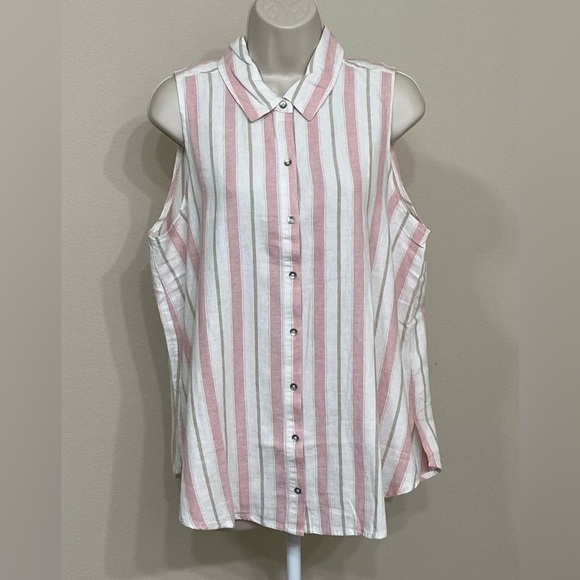 Splendid Tops - Splendid Women’s Pink Striped Sleeveless Soft Button Up Collared Linen Shirt L